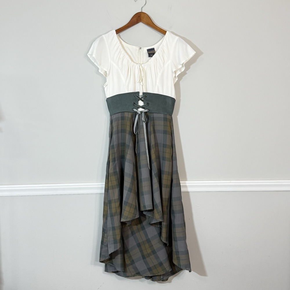 Her Universe OutlanderDress Womens Sz S White Gray Brown Tartan Lace Up Hi Low